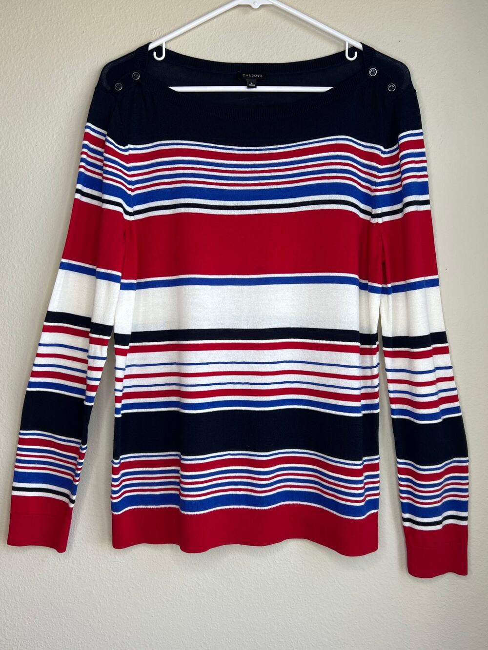 Talbots Large Multi Stripe Shoulder Button Boatneck Sweater Red Blue